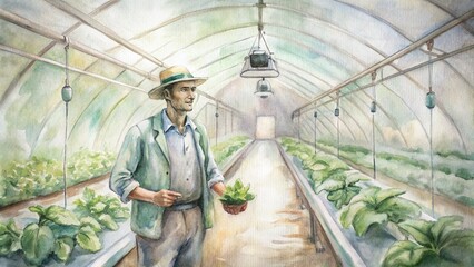 Wall Mural - A farmer inspecting crops in a greenhouse equipped with advanced sensors and automated irrigation systems