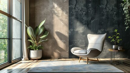 Wall Mural - Panoramic 3D rendering of an interior featuring an armchair and coffee table.