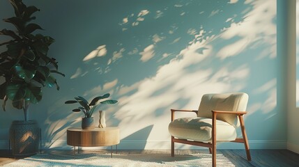 Wall Mural - Panoramic 3D rendering of an interior featuring an armchair and coffee table.