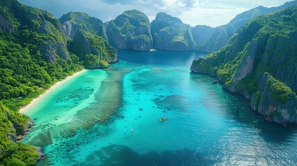 Wall Mural - Overhead view of the stunning cliffs and beaches of Koh Phi Phi Leh