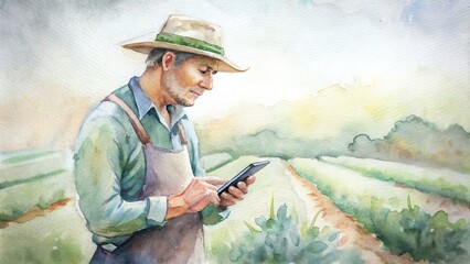 Wall Mural - A close-up of a farmer inspecting crops with the help of a smartphone app on a smart farm, utilizing real-time data to make informed decisions and ensure crop health and productivity