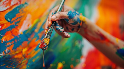 A close-up shot of a woman's hand holding a paintbrush, dripping with colorful paint that splatters onto a raised Indian flag in the background