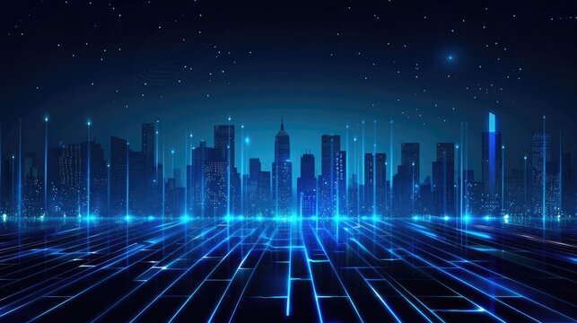 Abstract cityscape background with glowing blue lights and digital grid, technology concept for business data or futuristic urban development design, vector illustration, dark color palette
