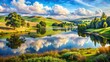 © prasit - A tranquil lake nestled among rolling hills, painted in soft watercolor hues that capture the beauty of a calm summer day.