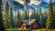© prasit - A solitary cabin nestled amidst towering pine trees, smoke curling from its chimney into the crisp mountain air.