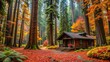 © prasit - A secluded cabin nestled among towering redwood trees, surrounded by a carpet of colorful autumn leaves.