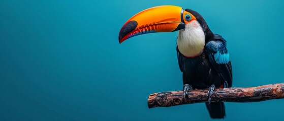 Beautiful toucan with an orange beak perched on a branch against a blue background.