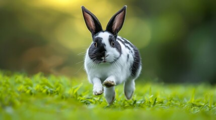 Close-up of a black and white rabbit hopping on green grass, with a blurred natural background. Captures playful and dynamic moment.