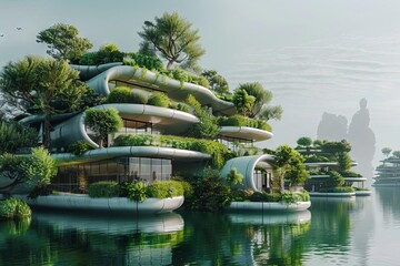 Wall Mural - futuristic floating city with lush green terraces sustainable architecture concept