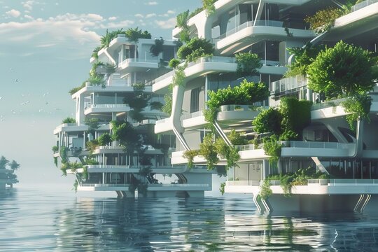 futuristic floating city with lush green terraces sustainable architecture concept