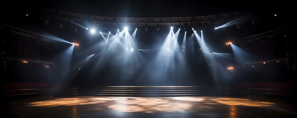 Bright stage lights on empty concert stage with dark background