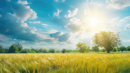 Wall Mural - sun shining over vast wheat field with lone tree, blue sky, and clouds