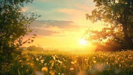 Wall Mural - sunrise over blooming field with tree