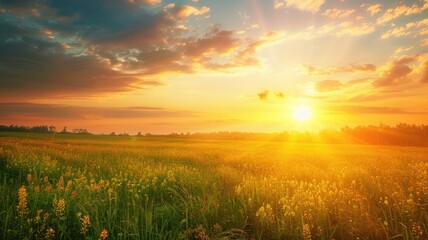 Wall Mural - vibrant sunrise over blooming meadow with clouds in sky