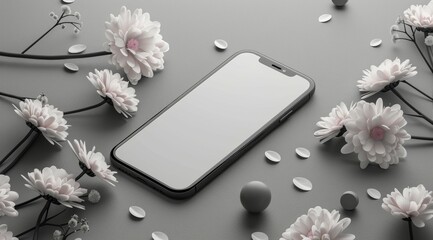 Canvas Print - A phone is placed on a table with a bunch of flowers