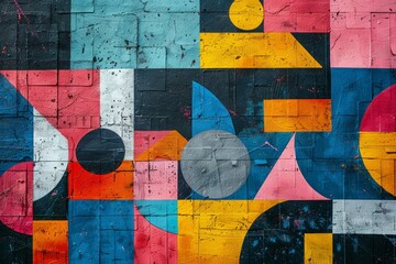 Wall Mural - A colorful wall with a variety of shapes and colors. Risograph effect, trendy riso style