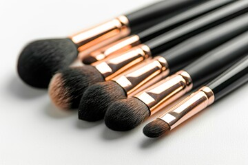 Wall Mural - A close up of five makeup brushes, including a brush with a gold handle