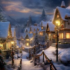 Wall Mural - Christmas village in the mountains at night. 3D illustration. Christmas card.