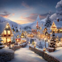 Wall Mural - Snow covered village in the mountains at night. Beautiful winter landscape.
