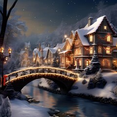 Wall Mural - Winter night in a small village with a bridge over the river.