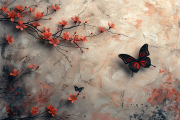 Wall Mural - panel wall art, wall decoration, marble background with flowers and butterfly designs