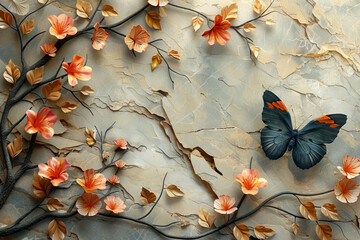 Wall Mural - panel wall art, wall decoration, marble background with flowers and butterfly designs