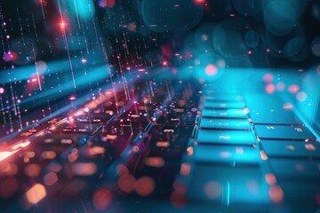 Closeup of a laptop keyboard with glowing abstract technology.