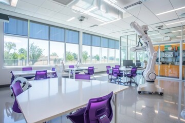 Sticker - Empty, brightly lit modern high school classroom with purple chairs and white desks in the center of the frame.