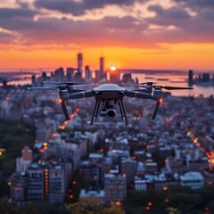 Wall Mural - Drone flying over a cityscape, capturing aerial footage and data, showcasing the innovative applications of drone technology in urban planning and management. List of Art Media Photograph inspired by