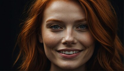 smiling beautiful redhead model woman close up portrai on plain black background from Generative AI