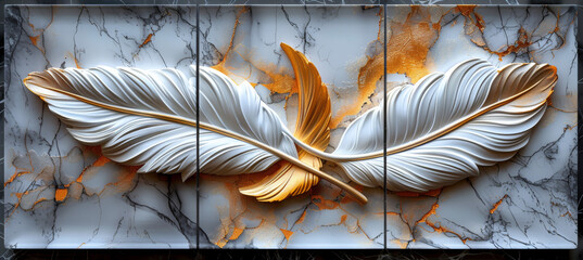 Wall Mural - panel wall art, wall decoration, marble background with feather designs