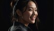 © Arceli - smiling asian model woman close up portrait on plain black background from Generative AI