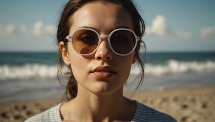 Wall Mural - beautiful nerd woman portrait on summer beach vacation with sunglasses and bright sunshine from Generative AI