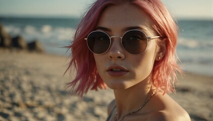 beautiful pink haired woman portrait on summer beach vacation with sunglasses and bright sunshine from Generative AI