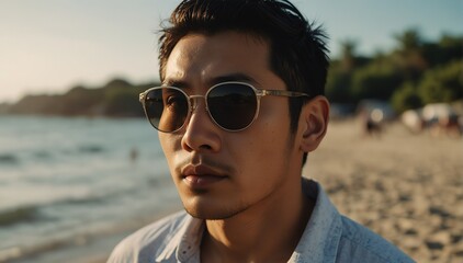 Wall Mural - handsome japanese guy portrait on summer beach vacation with sunglasses and bright sunshine from Generative AI