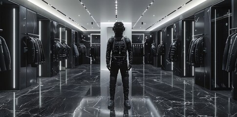 Wall Mural - Luxury store with black leather jackets and jeans on hangers, mannequin wearing space suit in the center of photo, black marble floor, white lighting, minimalism, hyper realistic photography