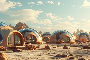 Wall Mural - Mars colony, multiple domes with windows and doors for living space on Mars desert landscape, 3D render