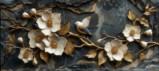 Wall Mural - panel wall art, wall decoration, marble background with flowers designs