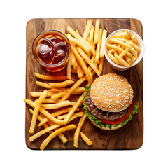 french fried chips with burger and cold drink isolated on transparent background