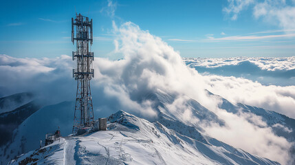 Wall Mural - A mobile phone tower rises above the clouds on a snowy mountaintop.