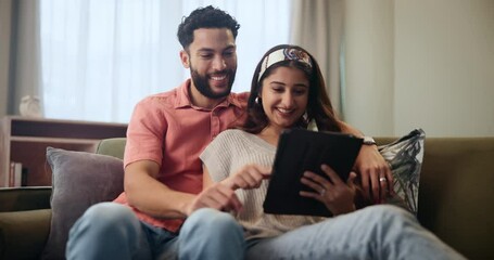 Poster - Happy, couple and relax on sofa with tablet for streaming videos, social media memes and entertainment. Man, woman and together in home with digital technology for search for new apartments in Mumbai