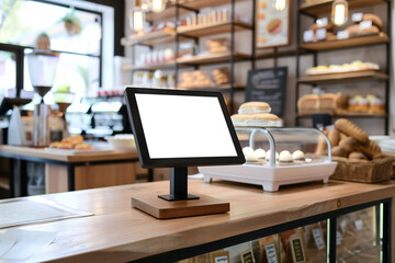 Cash register with blank monitor screen in organic bakery