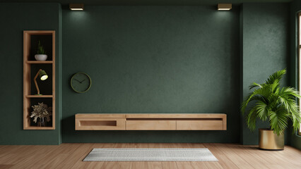 Wall Mural - Living room with wood cabinet for tv on dark green color wall background- 3D rendering