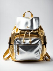 Canvas Print - gold and silver backpack on plain white background from Generative AI