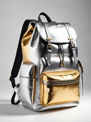 Canvas Print - gold and silver backpack on plain white background from Generative AI