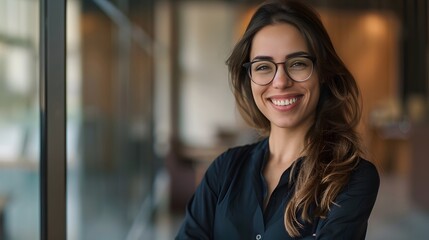 Wall Mural - businesswoman taking photo in the office with her arms crossed