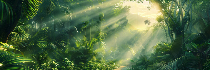 Wall Mural - green forest with towering trees and rays of sunlight filtering through the leaves, generative ai