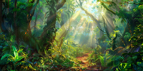 Wall Mural - green forest with towering trees and rays of sunlight filtering through the leaves, generative ai