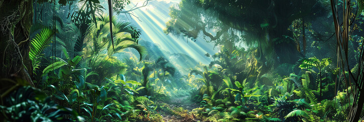 Wall Mural - green forest with towering trees and rays of sunlight filtering through the leaves, generative ai