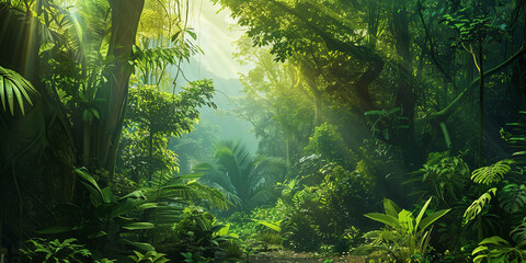Wall Mural - green forest with towering trees and rays of sunlight filtering through the leaves, generative ai